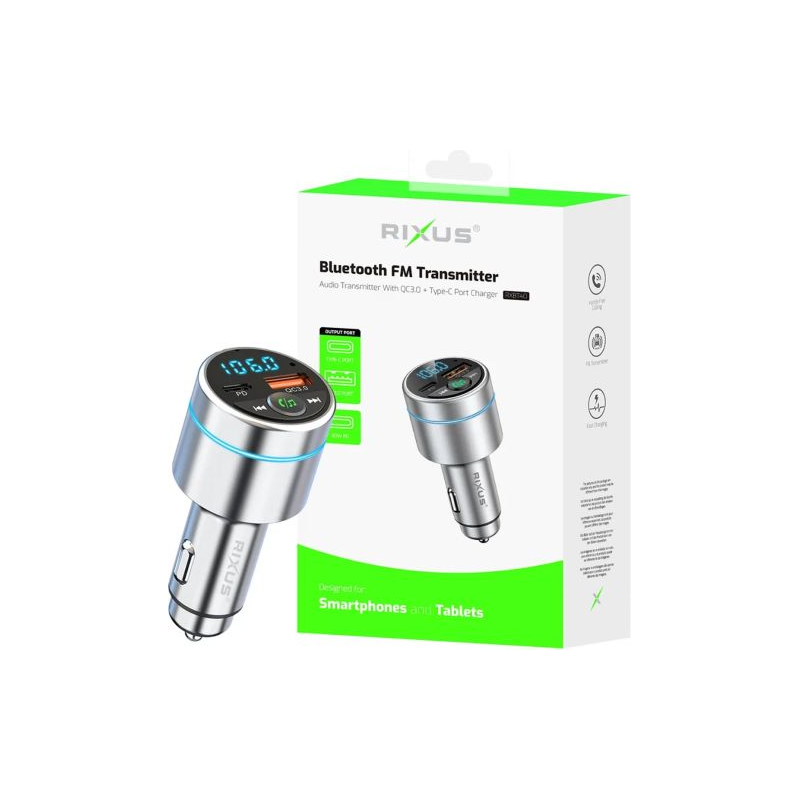 Rixus RXBT40 All-Metal Transmissor FM Bluetooth para Carro 5.3 Prata
