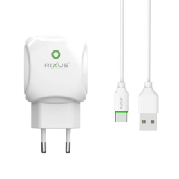 Carregador RIXUS Fast Dual Charger 2.1A USB-C c/ cabo - Branco