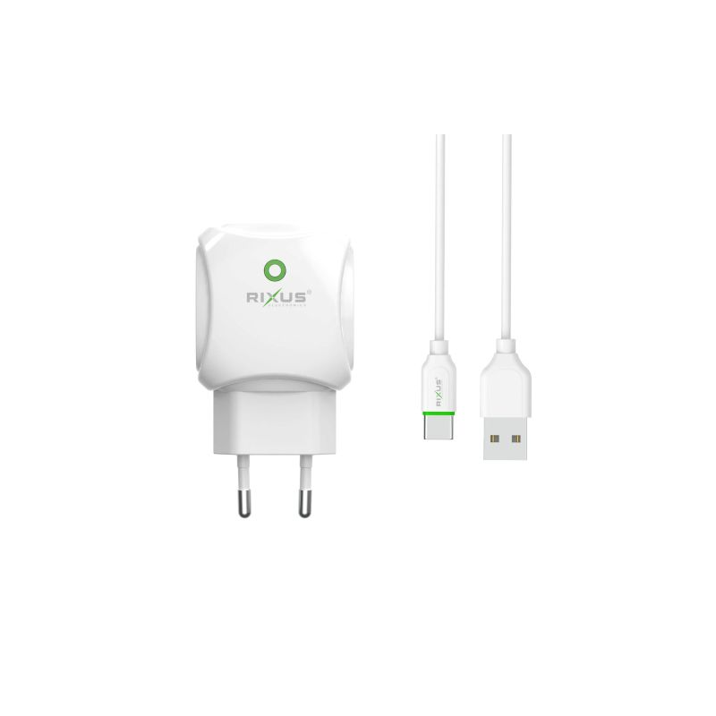 Carregador RIXUS Fast Dual Charger 2.1A USB-C c/ cabo - Branco