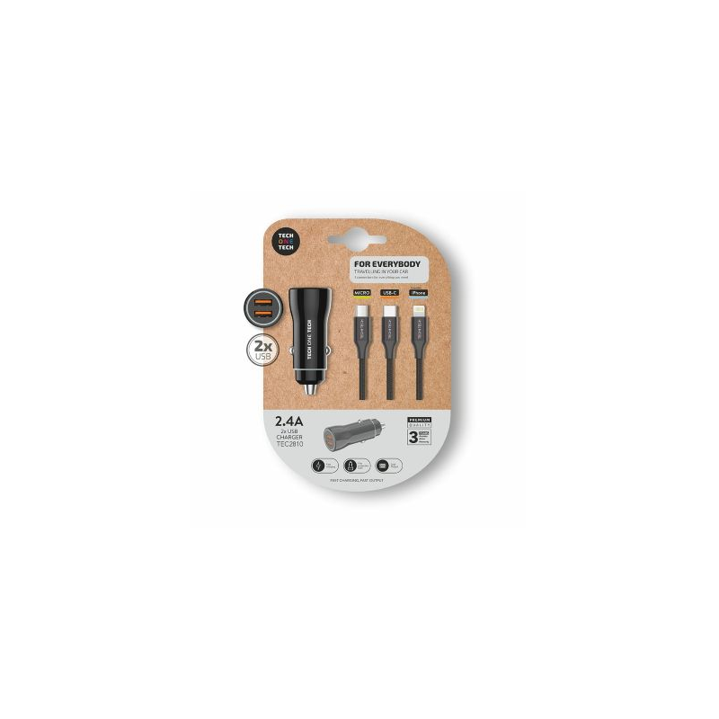Carregador de Carro Tech One Tech 2xUSB + Cabo 3 em 1 - 2.4A