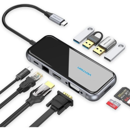 Docking USB Tipo-C Vention TFGHB/ 1xVGA/ 1xHDMI/ 4xUSB/ 1xUSB Tipo-C PD/ 1xRJ45/ 1xLeitor Cartões SD/ - Cinza