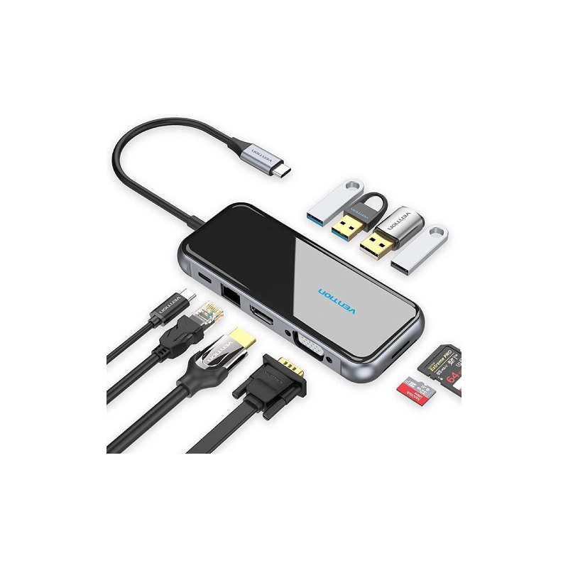 Docking USB Tipo-C Vention TFGHB/ 1xVGA/ 1xHDMI/ 4xUSB/ 1xUSB Tipo-C PD/ 1xRJ45/ 1xLeitor Cartões SD/ - Cinza