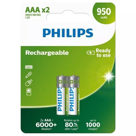 Pilhas PHILIPS 2xAAA HR03 MICRO 950mAh 1.2V Recarregáveis