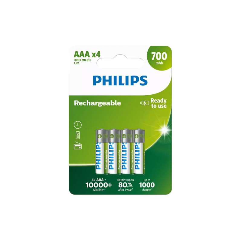 Pilhas PHILIPS 4xAAA HR03 MICRO 700mAh 1.2V Recarregáveis