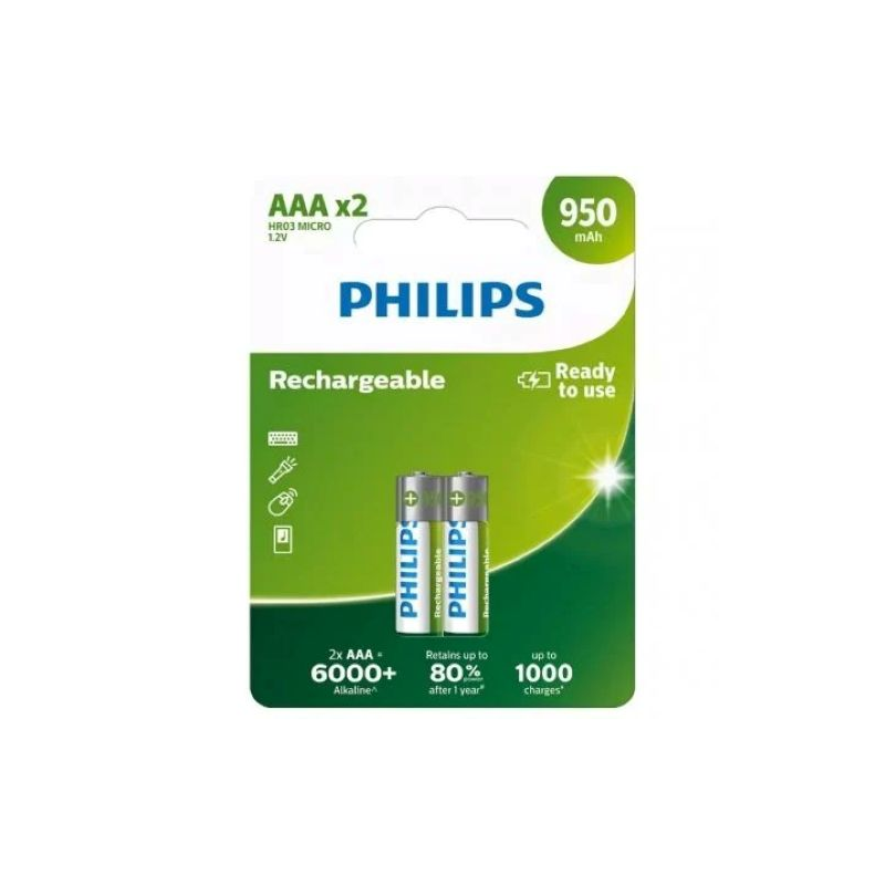 Pack de 2 Pilhas AAA Philips R03B2A95/10 1.2V Recarregáveis
