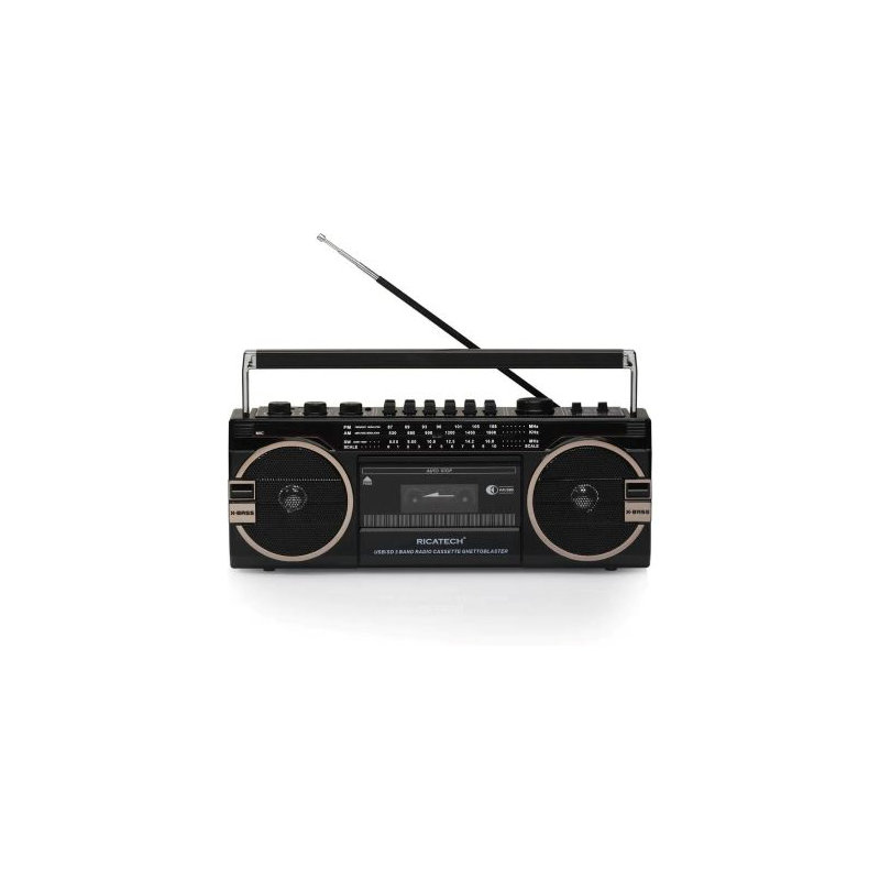 Rádio Portátil RETRO "80s" AM/FM 2x 8W c/ Leitor Cassetes USB/SD RICATECH