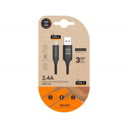 Cabo USB A p/ USB Type C Nylon Trançado c/ Junção Metálica Fast Charging 2.4A 100cm - Preto