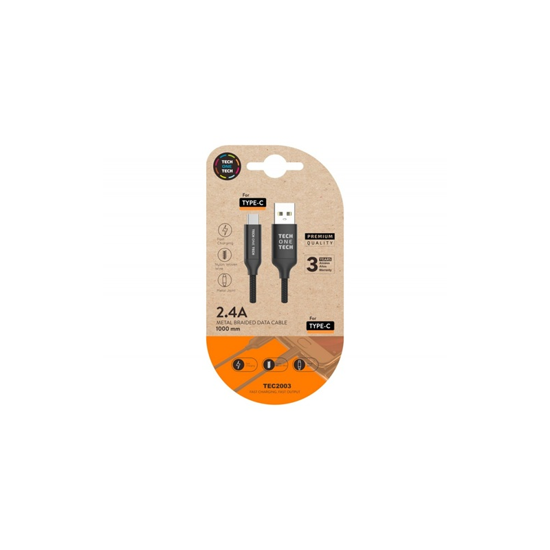 Cabo USB A p/ USB Type C Nylon Trançado c/ Junção Metálica Fast Charging 2.4A 100cm - Preto