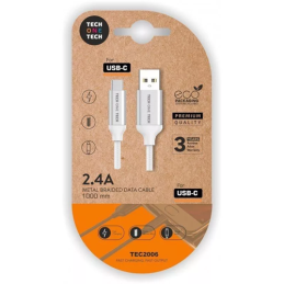 Cabo USB A p/ USB Type C Nylon Trançado c/ Junção Metálica Fast Charging 2.4A 100cm - Branco
