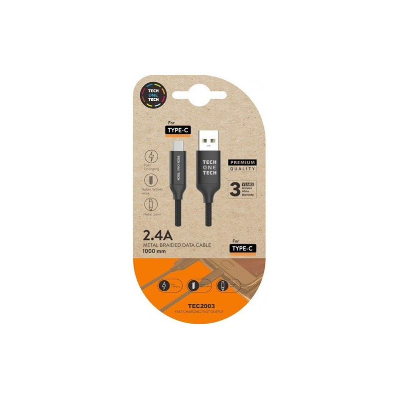 Cabo USB A p/ USB Type C Nylon Trançado c/ Junção Metálica Fast Charging 2.4A 100cm - Preto