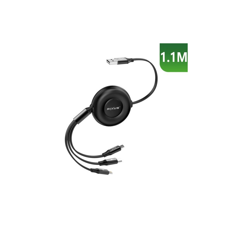 Rixus Cabo de carregamento 1,1mt rectráctil 3 em 1 (Lightning, Type-C, Micro-Usb)