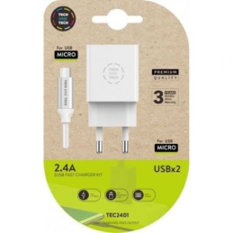Carregador de Parede Tech One Tech 2xUSB + Cabo Micro USB 2.4A Branco