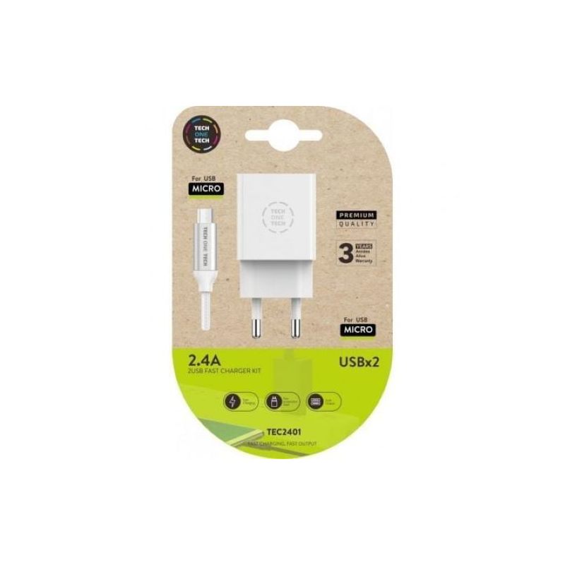 Carregador de Parede Tech One Tech 2xUSB + Cabo Micro USB 2.4A Branco