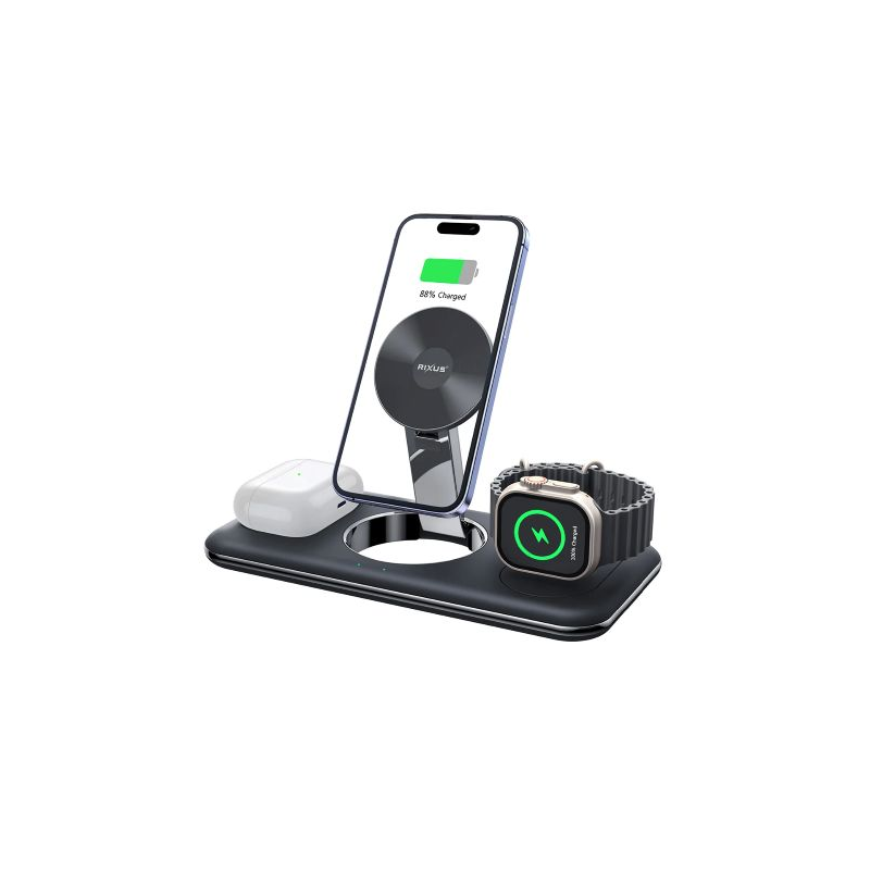 Rixus RXWC31 3 in 1 Wireless Charger Stand For Phone, Watch And Airpods Black