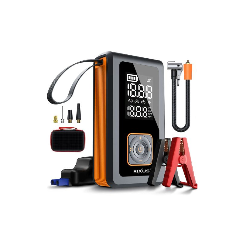 Rixus Bomba de Ar 4 em 1 com Arrancador ou Booster de Bateria – Preta