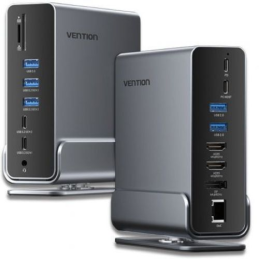 Docking Station USB Tipo-C Vention 2xHDMI 4K 1xDisplayPort 3xUSB Tipo-C 5xUSB 1xRJ45 1xLeitor Cartões 1xJack 3.5 1xUSB Tipo-C PD
