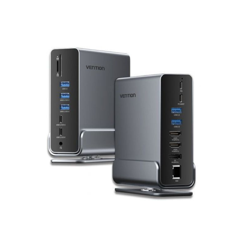 Docking Station USB Tipo-C Vention 2xHDMI 4K 1xDisplayPort 3xUSB Tipo-C 5xUSB 1xRJ45 1xLeitor Cartões 1xJack 3.5 1xUSB Tipo-C PD