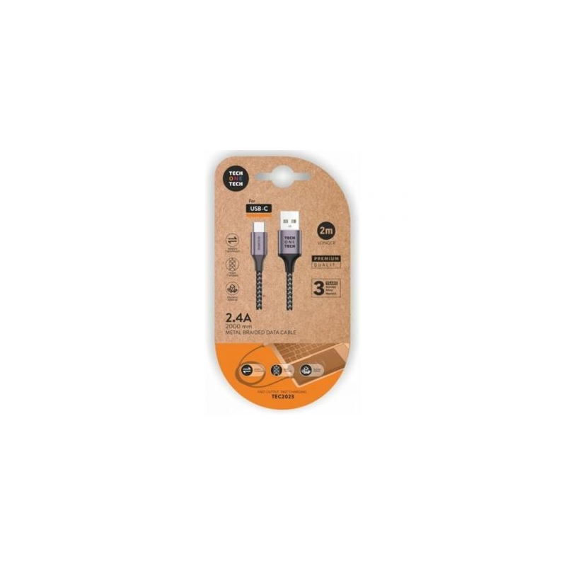 Cabo USB 2.0 Tipo-C Tech One Tech USB Tipo-C Macho - USB Macho 2m Cinza