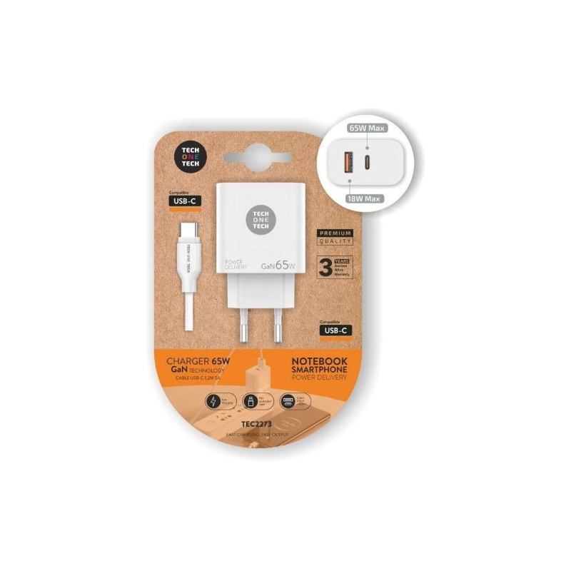 Carregador de Parede GaN Tech One Tech PD 1xUSB Tipo-C 1xUSB 65W
