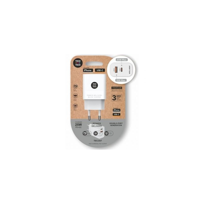 Carregador de Parede Tech One Tech 1xUSB Tipo-C 1xUSB 3A Branco